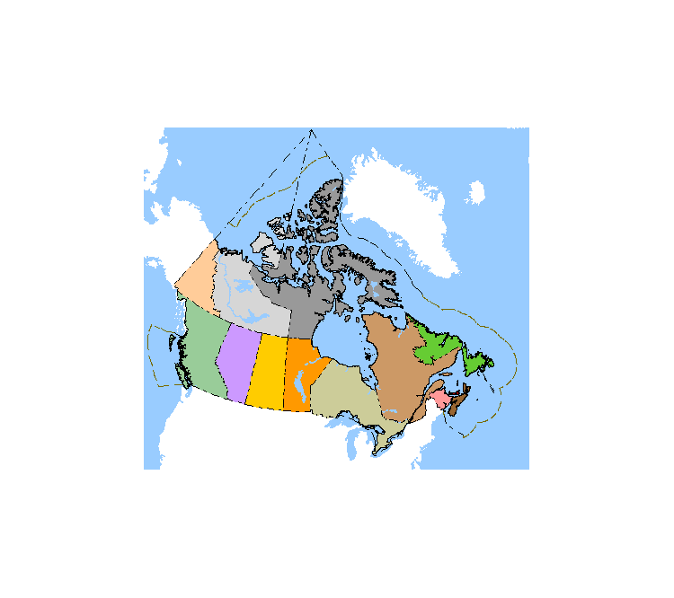 Canada as it exists today. Nunavut was separated from the North West Territories in 1999. The brown line indicates the 200 mile limit around Canada's coast, our national boundary for resources. International shipping is permitted closer to land. The black dashed line in the arctic indicates our national boundary, soverign territory in every way.