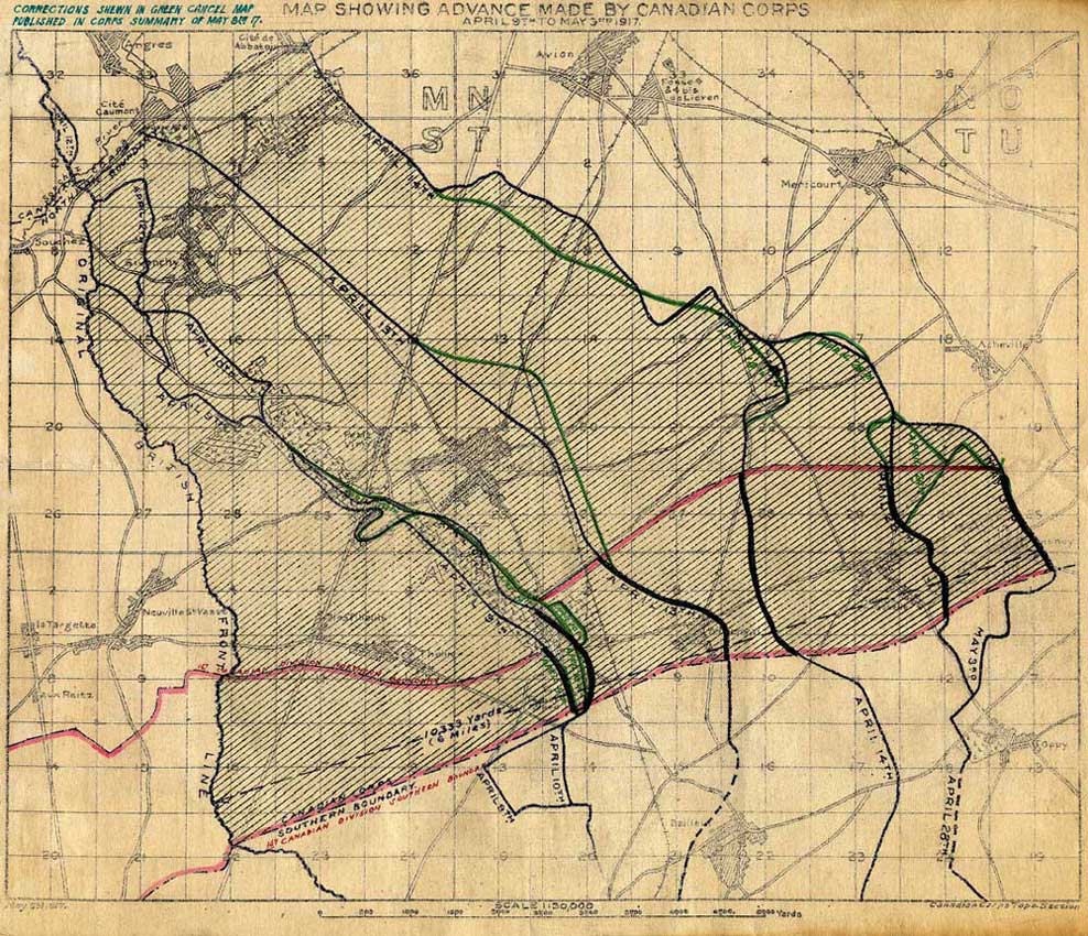 Map showing advance made by Canadian Corps (April 9th to May 3rd, 1917)
