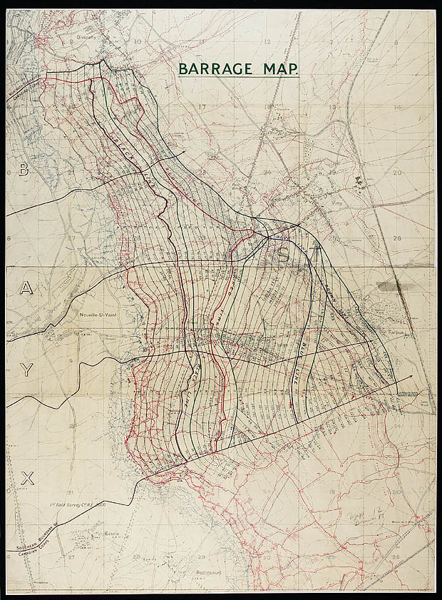 Map for the Canadian artillery barrage, Vimy Ridge, 1917