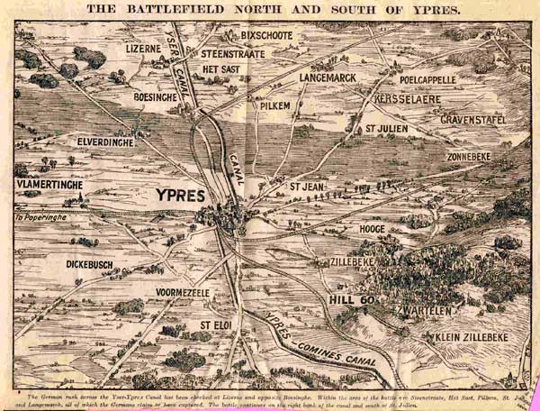 The German rush across the Yser-Ypres canal has been checked at Lizerne and opposite Boesinghe. Within the area of the battle, are Steenstraate, Het Sast, Pilkem, St. Julien, and Langemarck, all of which the Germans claim to have captured. The battle continues on the right bank of the canal and at St. Julien.