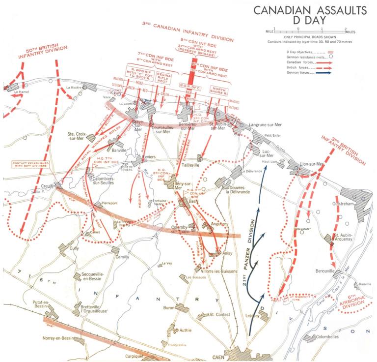 Juno Beach - Canadian Assaults D-Day 
Map of 3rd Canadian Infantry Division landings on Juno Beach showing D-Day objectives and front line at midnight June 6. 
