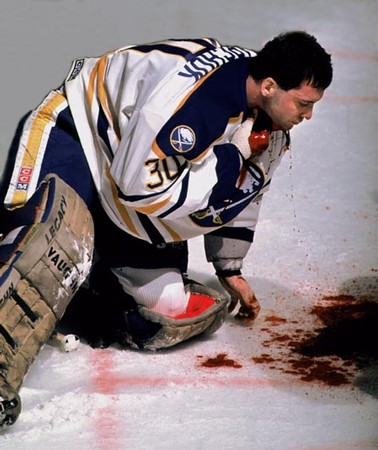 This is why goalies wear neck protectors now.  He got his neck sliced by a skate...  