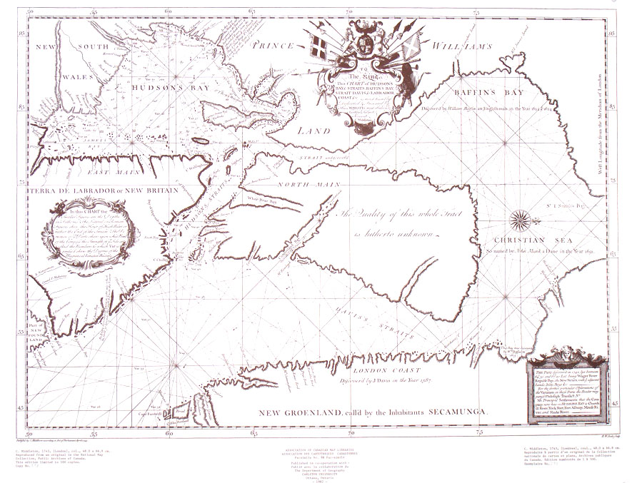Chart of Hudson's Bay & Straits, Baffin's Bay, Strait Davis & Labrador Coast 
 (C. Middleton) 
1743 