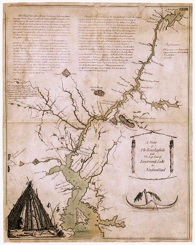 This is the map which accompanied the report written by John Cartwright, a magistrate in Newfoundland from 1768 to 1773, on the intolerable situation of Newfoundland�s Native populations. The map contains information on the now-extinct Beothuk people and shows the location of their villages and the fences they built in order to catch caribou
