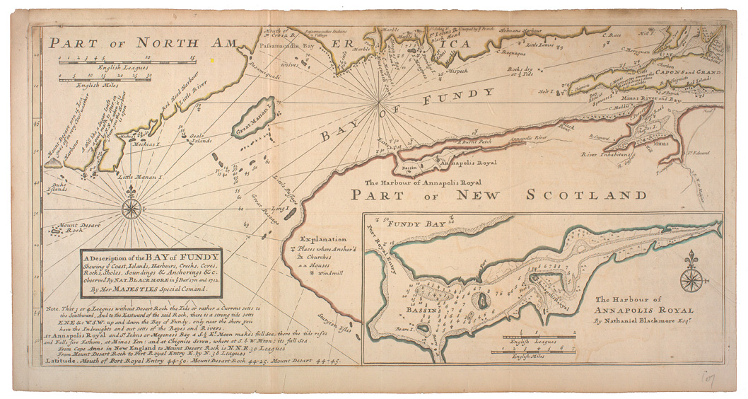 A Description of the Bay of Fundy : shewing ye coast, islands, harbours, creeks, coves, rocks, sholes, soundings & anchorings &c / observed by Nat. Blackmore in ye years 1711 and 1712 by her majesties special comand