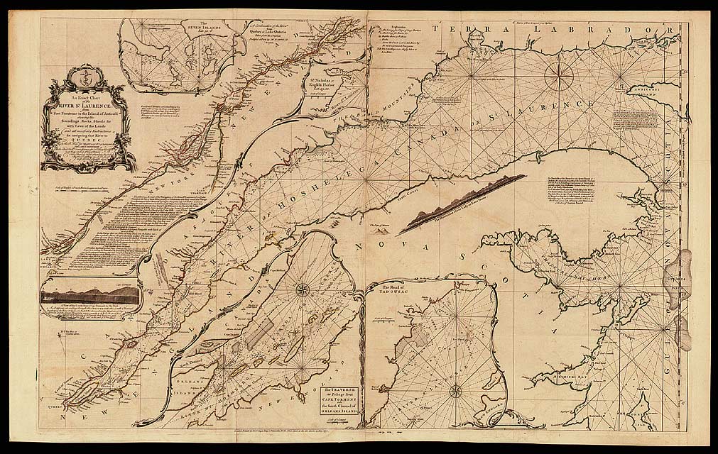 The St. Lawrence River was a vital artery for the colonial powers, and for this reason, Bellin, d�Anville, Cook and others published attractive charts of it. This particular chart was first published in 1757. In addition to the main chart, there are insets (small charts) of good ports and basins along the river.

