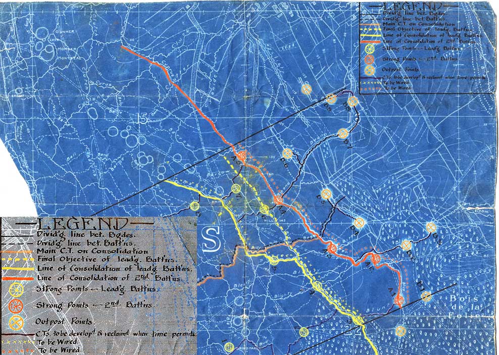 Map fragment showing the 11th Canadian Infantry Brigade boundaries, objectives and strongpoints  9-12 April 1917