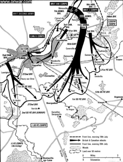 British armored forces attempted to outflank Caen from the left while Canadian units continued to press forward through and and to the right. German military units, primarily of the Waffen SS, fought an aggressive defensive battle and withdrew before being trapped by Allied advances.
