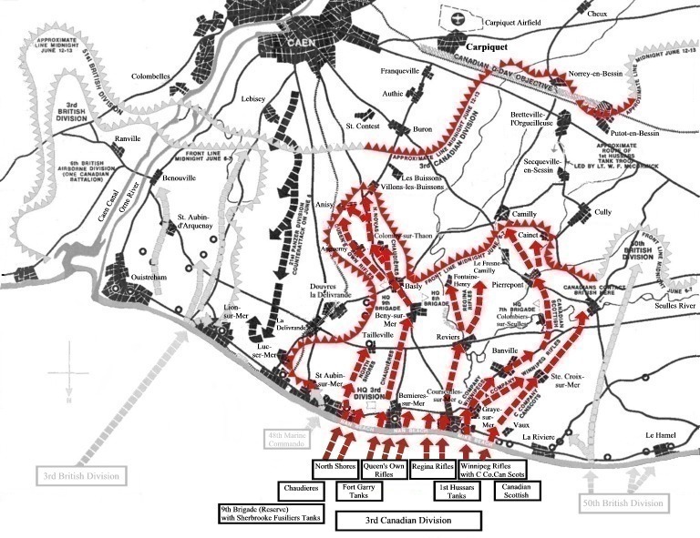 Map of 3rd Canadian Infantry Division landings on Juno Beach showing D-Day objectives and front line at midnight June 6.